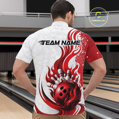 Custom Red Flame Bowling Team Men Quarter Zip Shirt, Bowling Ball Pattern Bowling Jerseys IPHW11649