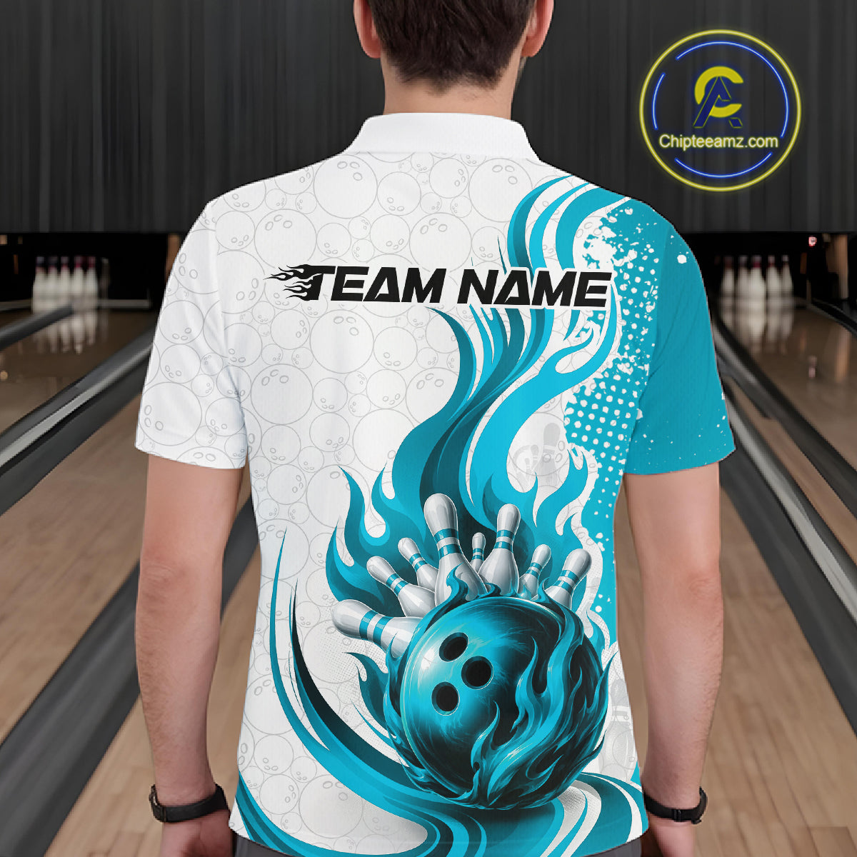 Custom Blue Flame Bowling Team Men Polo Shirt, Bowling Ball Pattern Bowling Jerseys IPHW11650