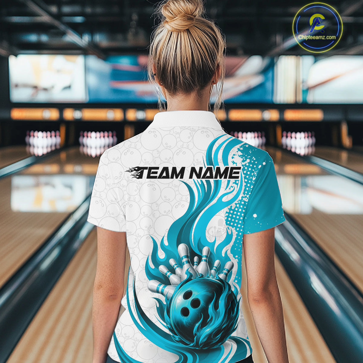 Custom Blue Flame Bowling Team Women Polo Shirt, Bowling Ball Pattern Bowling Jerseys IPHW11650