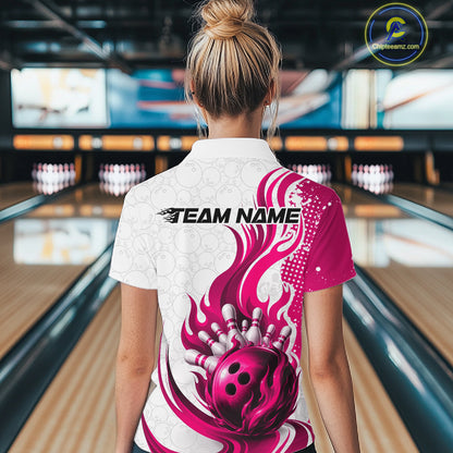 Custom Pink Flame Bowling Team Women Polo Shirt, Bowling Ball Pattern Bowling Jerseys IPHW11651
