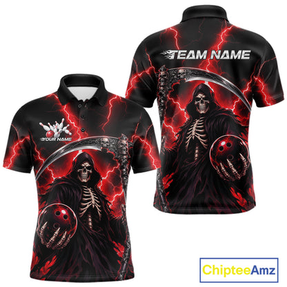 Custom Red Thunder Lightning Grim Reaper Skull Bowling Men Polo Shirts, Halloween Outfit IPHW11658