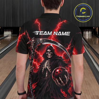 Custom Red Thunder Lightning Grim Reaper Skull Bowling Men Polo Shirts, Halloween Outfit IPHW11658