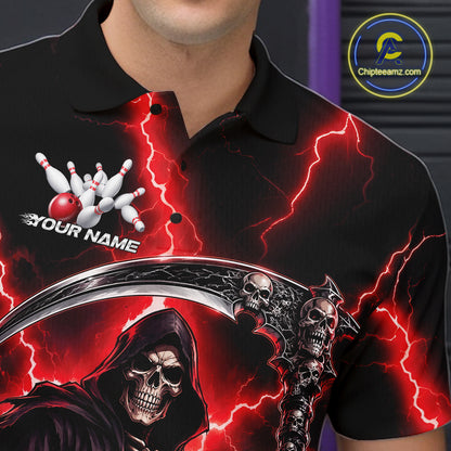 Custom Red Thunder Lightning Grim Reaper Skull Bowling Men Polo Shirts, Halloween Outfit IPHW11658