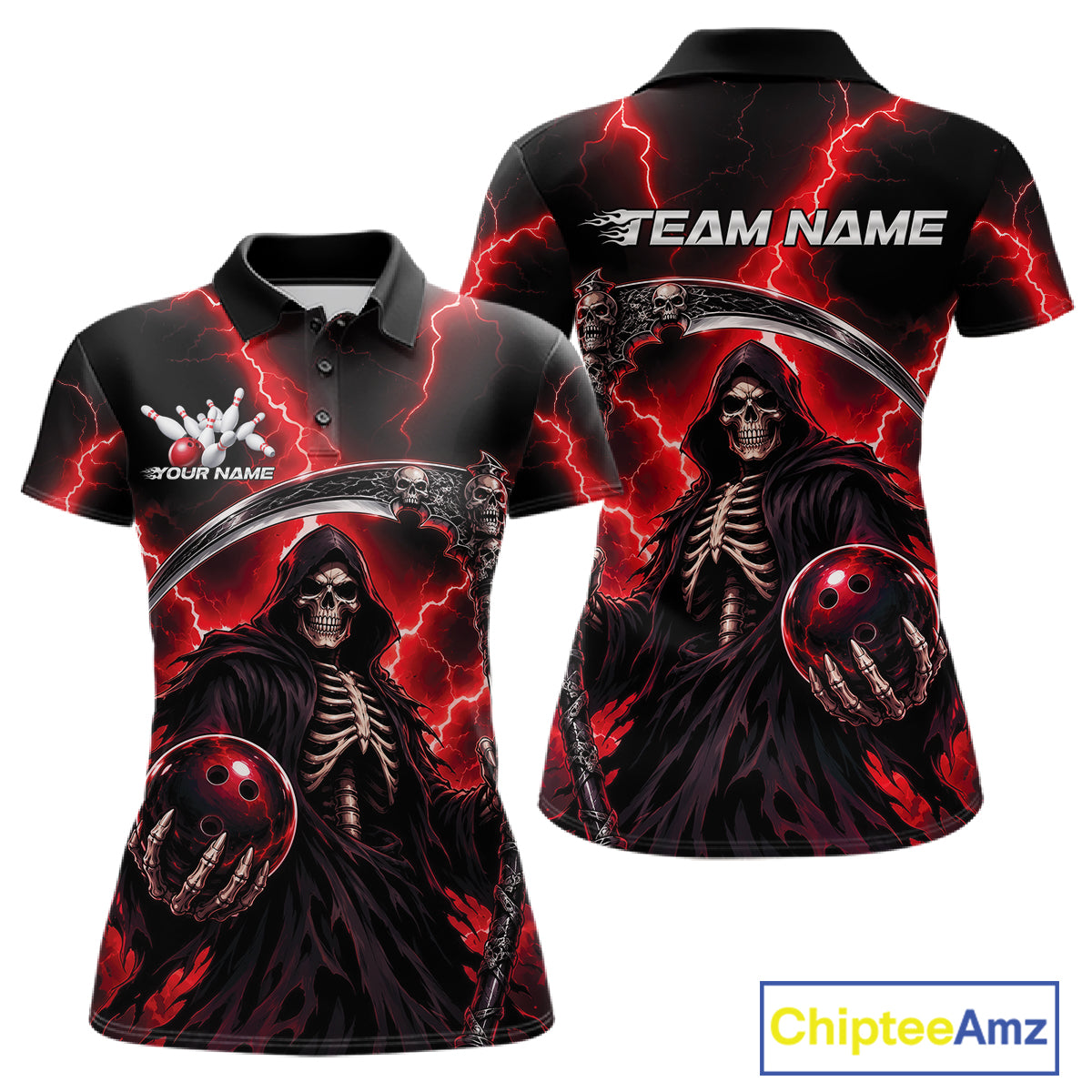 Custom Red Thunder Lightning Grim Reaper Skull Bowling Women Polo Shirts, Halloween Outfit IPHW11658