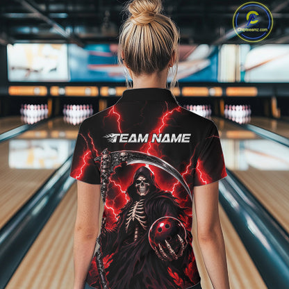 Custom Red Thunder Lightning Grim Reaper Skull Bowling Women Polo Shirts, Halloween Outfit IPHW11658