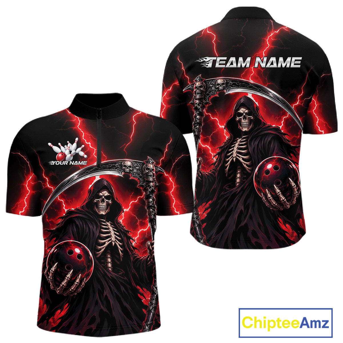 Custom Red Thunder Lightning Grim Reaper Skull Bowling Men Quarter Zip Shirts, Halloween Outfit IPHW11658