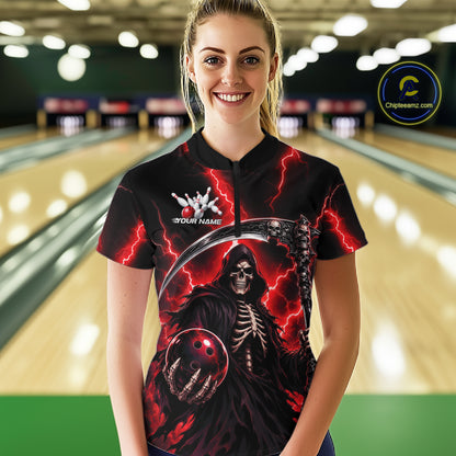 Custom Red Thunder Lightning Grim Reaper Skull Bowling Women Shirts, Halloween Outfit IPHW11658