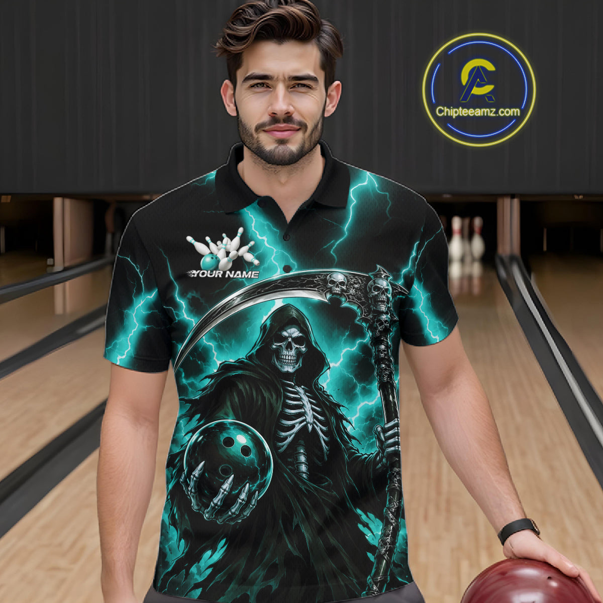 Custom Turquoise Blue Lightning Grim Reaper Skull Bowling Men Polo Shirt, Halloween Outfit IPHW11659