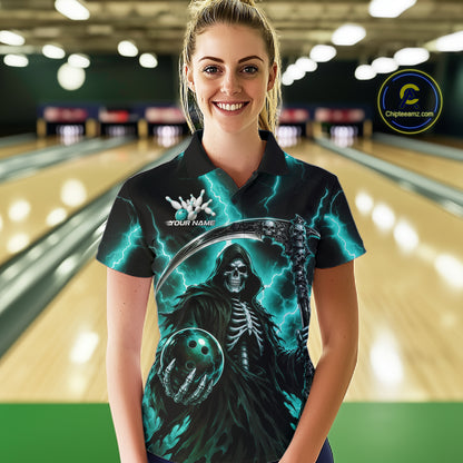 Custom Turquoise Blue Lightning Grim Reaper Skull Bowling Women Polo Shirt, Halloween Outfit IPHW11659