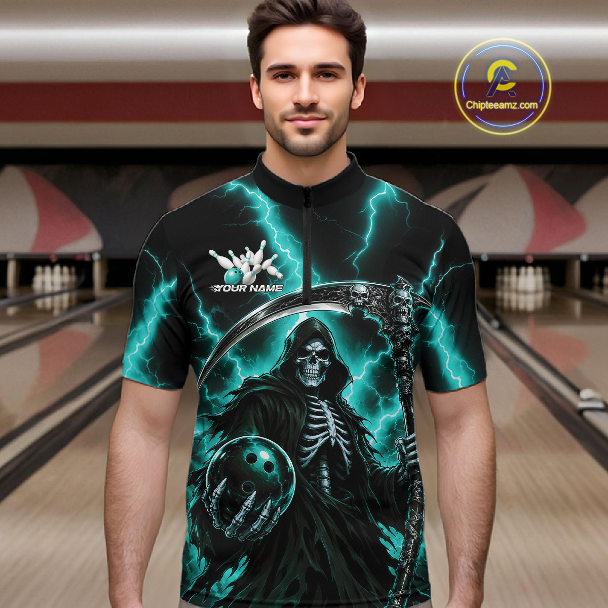A man wearing a black short-sleeve bowling jersey with a grim reaper graphic, lightning effects, and a bowling ball motif, set against a blurred bowling alley background. A 'Chiletaniz.