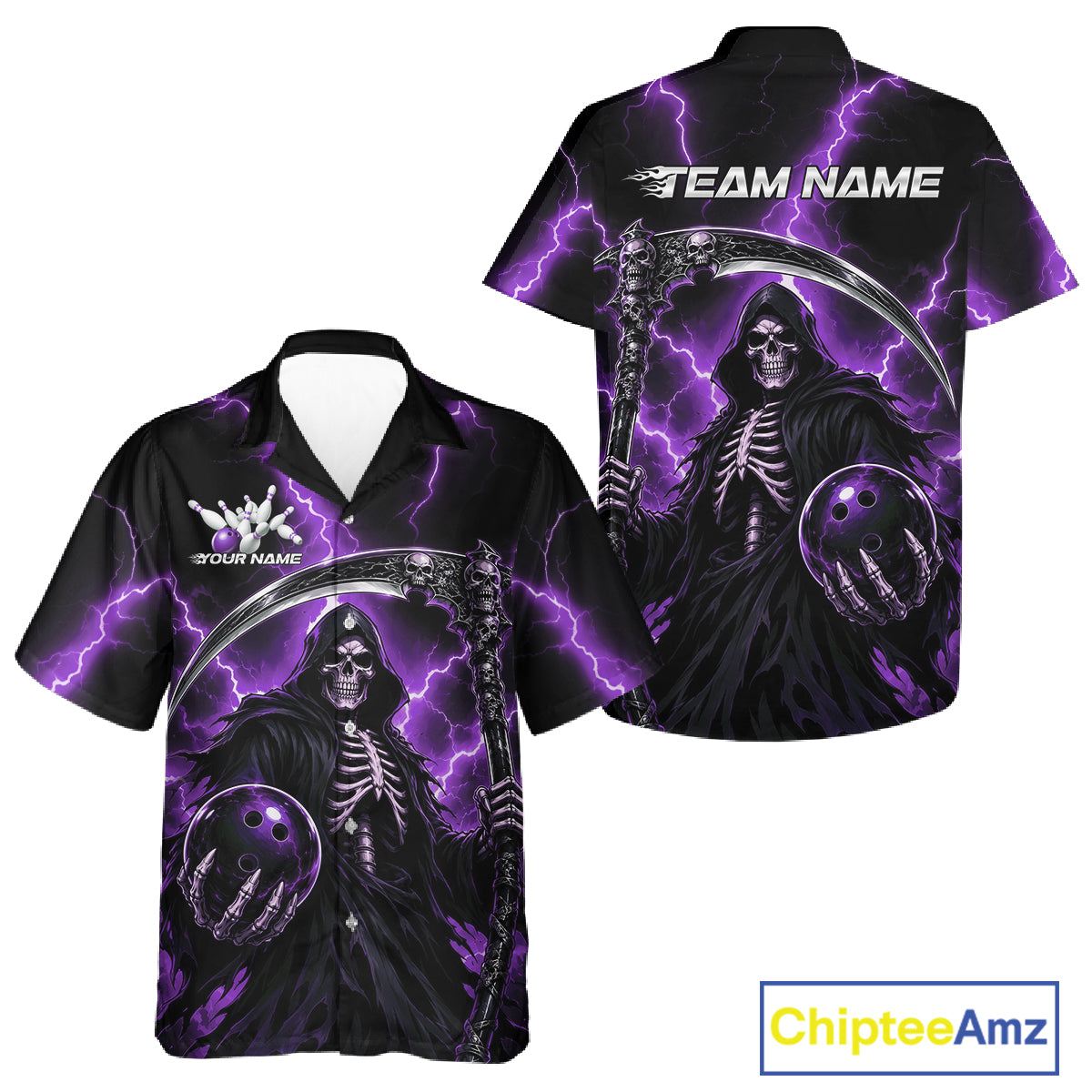 Custom Purple Thunder Lightning Grim Reaper Skull Bowling Men And Women Hawaiian Shirt, Halloween Outfit IPHW11660
