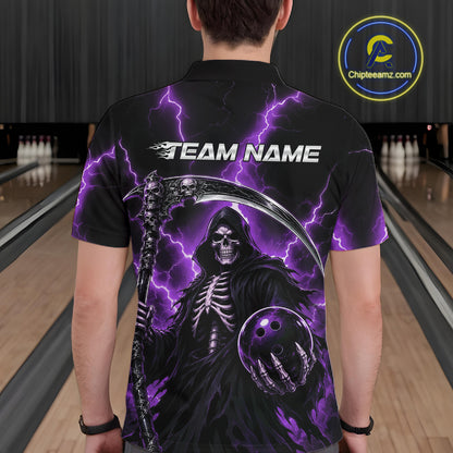 A person standing in a bowling alley wearing a black short-sleeve polo shirt with a large grim reaper graphic, purple lightning, and the text 'TEAM NAME' on the back. 