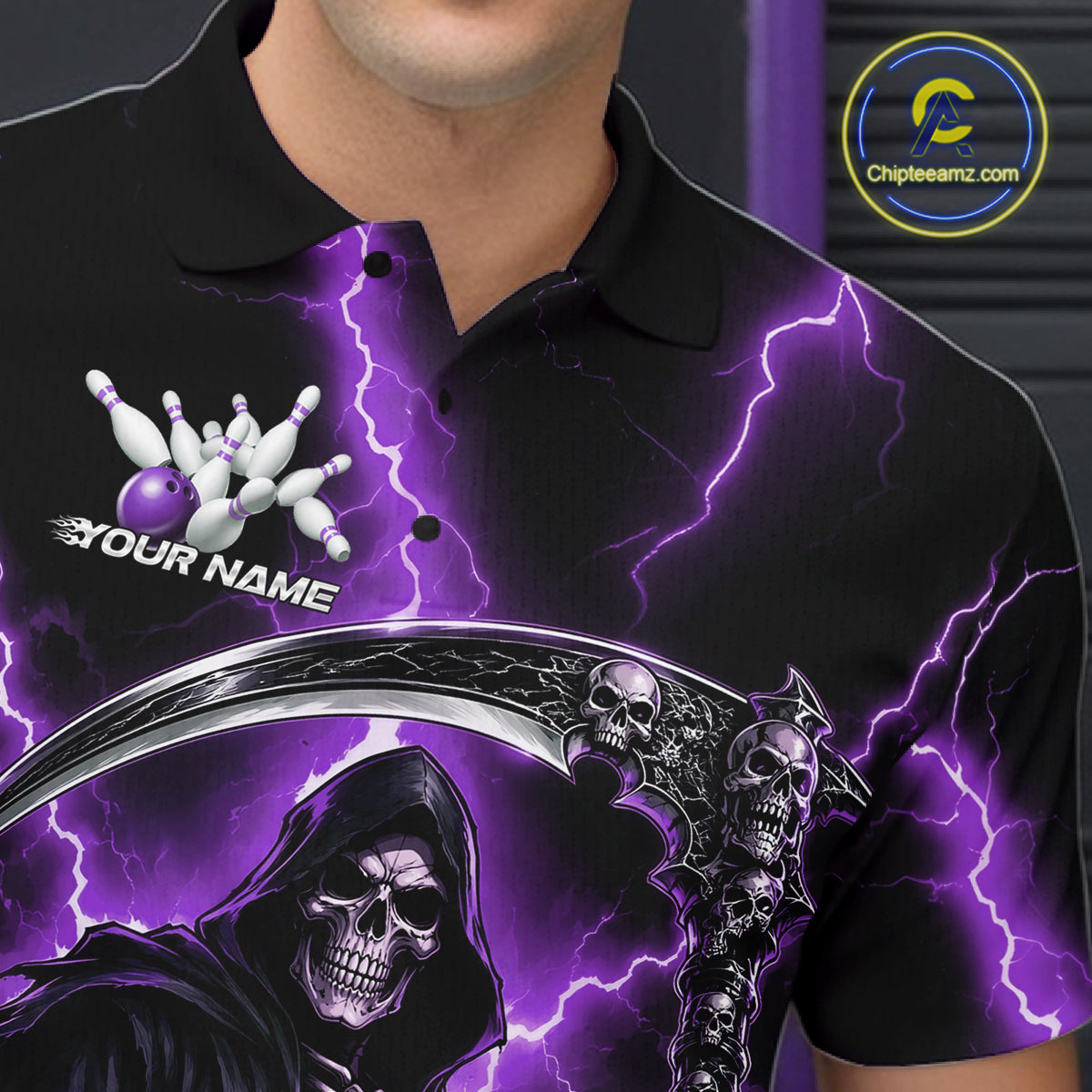 Custom Purple Thunder Lightning Grim Reaper Skull Bowling Men Polo Shirt, Halloween Outfit IPHW11660