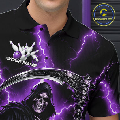 Custom Purple Thunder Lightning Grim Reaper Skull Bowling Men Polo Shirt, Halloween Outfit IPHW11660