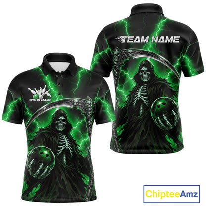 Custom Green Thunder Lightning Grim Reaper Skull Bowling Men Polo Shirts, Halloween Outfit IPHW11661