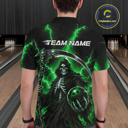 A man viewed from behind wearing a black short-sleeve bowling shirt with a large graphic of the Grim Reaper, green lightning, and the text 'TEAM NAME'. 