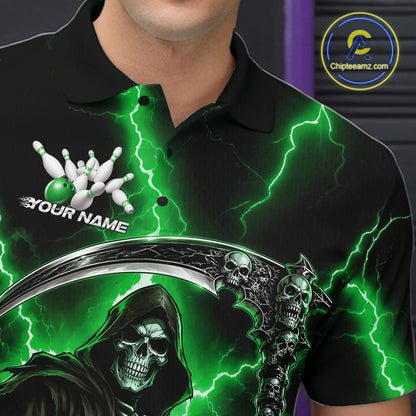 A close-up of a person wearing a black short-sleeve polo shirt with a vivid green lightning design, a grim reaper graphic, bowling pins, and the text 'YOUR NAME' on the chest. A circular 'Chipeamz.