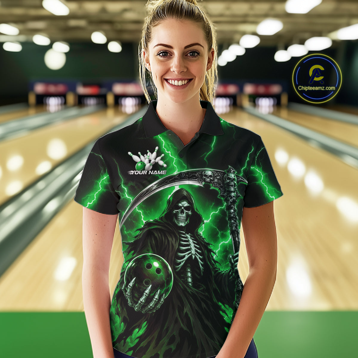 Custom Green Thunder Lightning Grim Reaper Skull Bowling Women Polo Shirts, Halloween Outfit IPHW11661