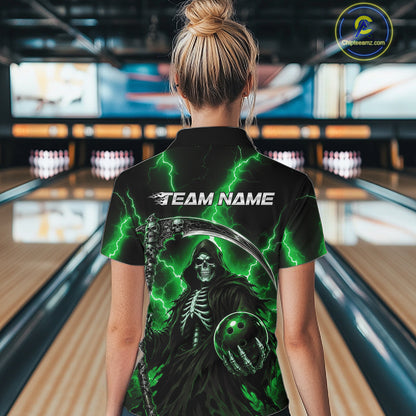 Custom Green Thunder Lightning Grim Reaper Skull Bowling Women Polo Shirts, Halloween Outfit IPHW11661