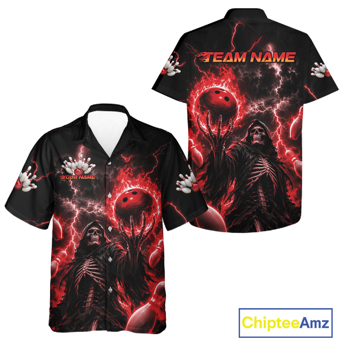 Custom Red Fire Flame Bowling Grim Reaper Skull Men And Women Hawaiian Shirt, Halloween Bowler Outfit IPHW11662