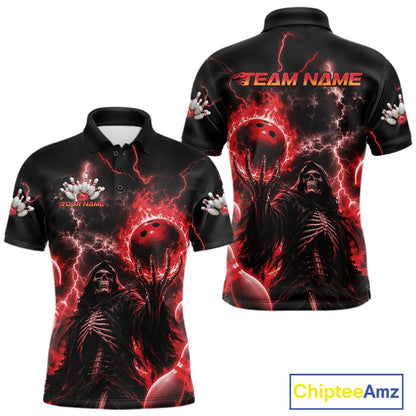 Custom Red Fire Flame Bowling Grim Reaper Skull Men Polo Shirt, Halloween Bowler Outfit IPHW11662