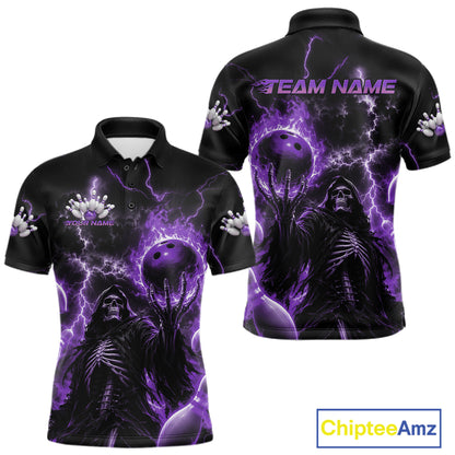 Custom Purple Fire Flame Bowling Grim Reaper Skull Men Polo Shirt, Halloween Bowler Outfit IPHW11663