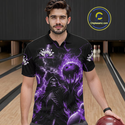 Custom Purple Fire Flame Bowling Grim Reaper Skull Men Polo Shirt, Halloween Bowler Outfit IPHW11663