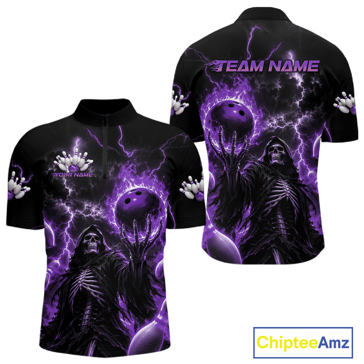 Custom Purple Fire Flame Bowling Grim Reaper Skull Men Quarter Zip Shirt, Halloween Outfit IPHW11663