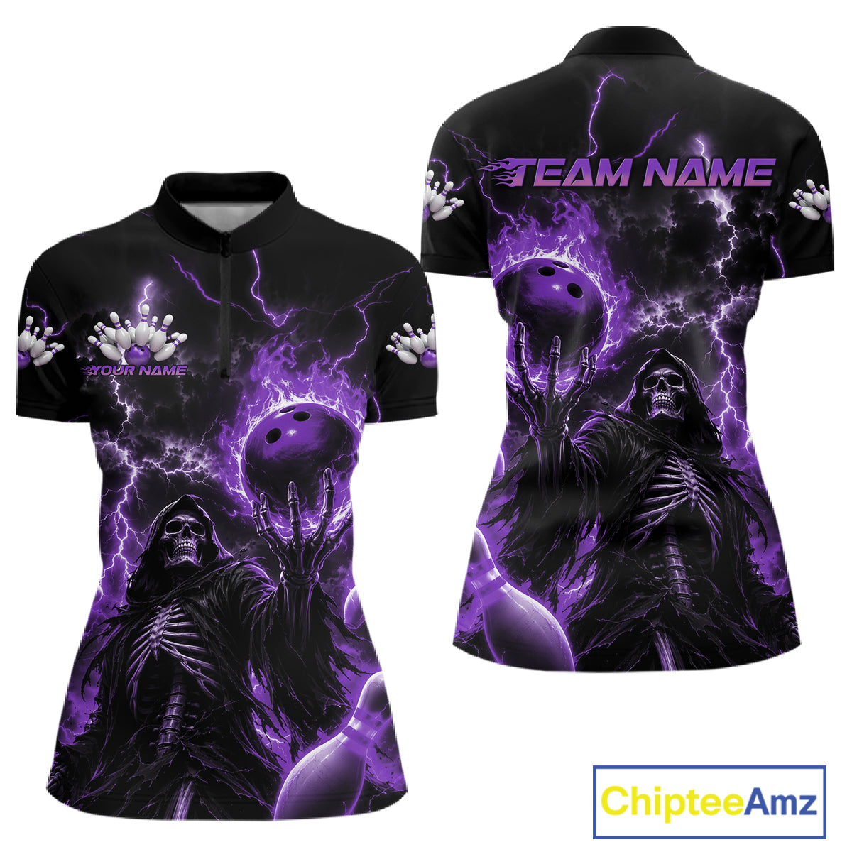 Front and back views of a women's short-sleeve quarter-zip shirt with a black and purple bowling-themed graphic print featuring skeletons, bowling balls, and lightning. The back has 'TEAM NAME' printed in purple, and the front has a small 'YOUR NAME' placeholder.