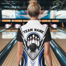 Load image into Gallery viewer, Back view of a female model inside a bowling center wearing a white, black, and blue bowling quarter-zip shirt with bowling-themed graphics of a bowling ball and pins.