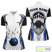 Load image into Gallery viewer, Front and back views of a women's bowling quarter-zip shirt mockup featuring bowling ball and pins graphics in white, black, and blue.