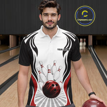 Load image into Gallery viewer, Front view of a male model wearing a white, black, and red bowling polo shirt with bowling ball hitting the pins artwork at a bowling lane.