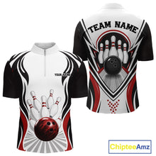 Load image into Gallery viewer, Front and back views of a men's bowling quarter-zip shirt mockup with bowling ball and pins artwork in white, black, and red.