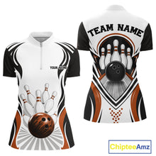 Load image into Gallery viewer, Front and back views of a women's bowling quarter-zip shirt mockup featuring bowling ball knocking down pins graphics in white, black, and orange.