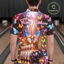 Load image into Gallery viewer, Back view of a male model in a bowling polo shirt decorated with colorful butterflies, bowling pins, bowling ball graphics, and shimmering accents.