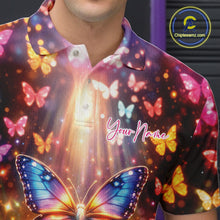 Load image into Gallery viewer, Detailed left chest close-up showing colorful butterfly artwork above bowling-themed graphics with sparkling light effects.
