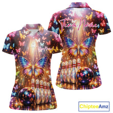 Load image into Gallery viewer, Front and back view of a women’s bowling polo shirt featuring colorful butterflies above bowling pins and a bowling ball with sparkling light accents.