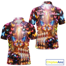 Load image into Gallery viewer, Front and back views of a mens bowling polo shirt featuring colorful butterflies above a bowling ball and pins with sparkling light effects.