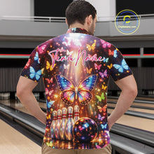 Load image into Gallery viewer, Front view of a male model in a bowling center wearing a quarter-zip shirt showcasing colorful butterflies and bowling-themed graphics.
