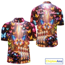 Load image into Gallery viewer, Front and back view of a men’s bowling quarter-zip shirt featuring colorful butterflies above bowling pins and a bowling ball with sparkling lights.