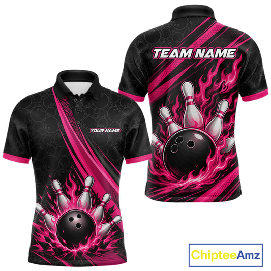 Custom Black And Pink Fire Flame Bowling Team Men Polo Shirt, Team Jerseys IPHW11681