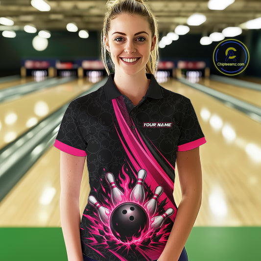 Custom Black And Pink Fire Flame Bowling Team Women Polo Shirt, Team Jerseys IPHW11681