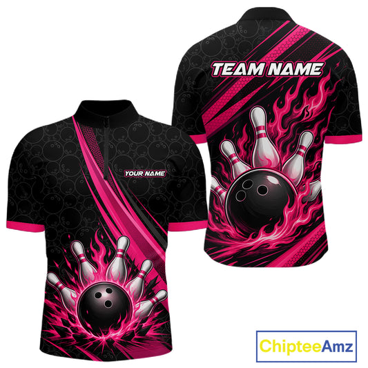Custom Black And Pink Fire Flame Bowling Team Men Quarter Zip Shirt, Team Jerseys IPHW11681