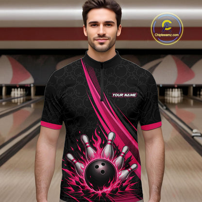Custom Black And Pink Fire Flame Bowling Team Men Quarter Zip Shirt, Team Jerseys IPHW11681