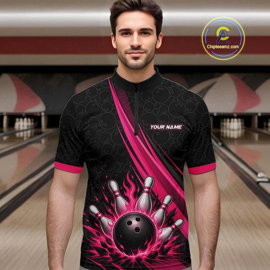 Custom Black And Pink Fire Flame Bowling Team Men Quarter Zip Shirt, Team Jerseys IPHW11681