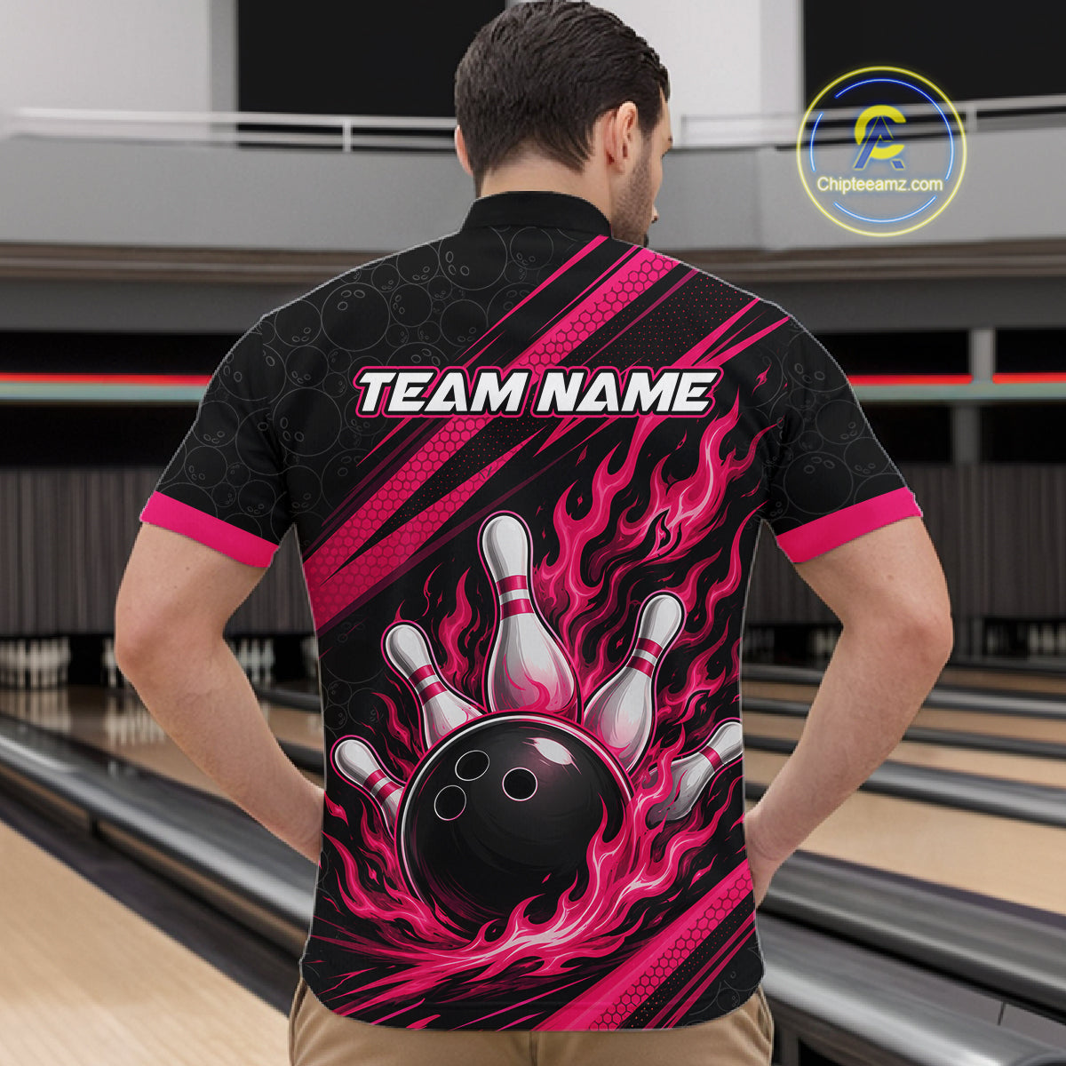 Custom Black And Pink Fire Flame Bowling Team Men Quarter Zip Shirt, Team Jerseys IPHW11681