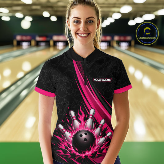 Custom Black And Pink Fire Flame Bowling Team Women Quarter-Zip Shirt, Team Jerseys IPHW11681