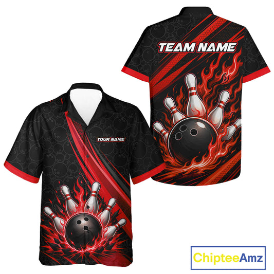 Custom Black And Red Fire Flame Bowling Team Men And Women Hawaiian Shirt, Team Jerseys IPHW11682