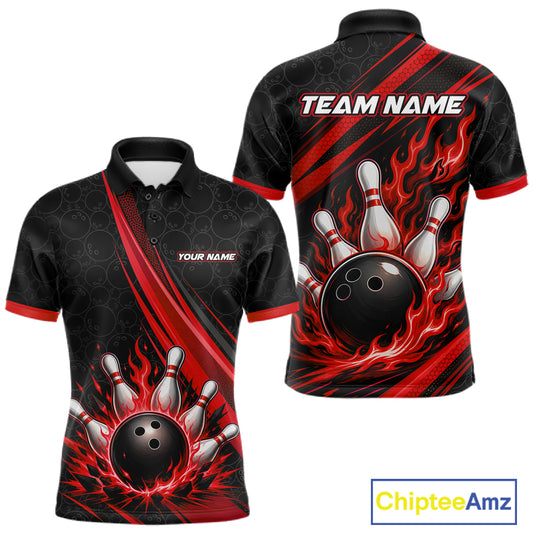 Custom Black And Red Fire Flame Bowling Team Men Polo Shirt, Team Jerseys IPHW11682