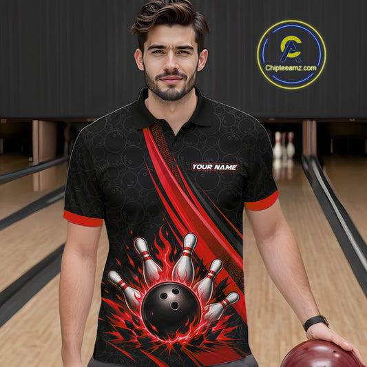 Custom Black And Red Fire Flame Bowling Team Men Polo Shirt, Team Jerseys IPHW11682